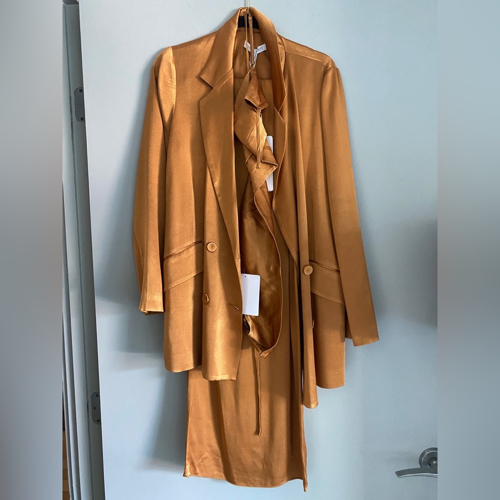 Shona Joy Double Breasted Blazer, Open Back Bralette, Tuxedo Trouser - Turmeric